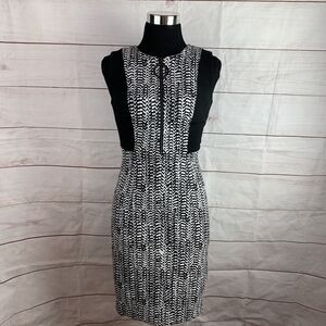 DKNY Dress Bodycon Slim 2 XS Black White zipper Stretch zigzag animal Colorblock